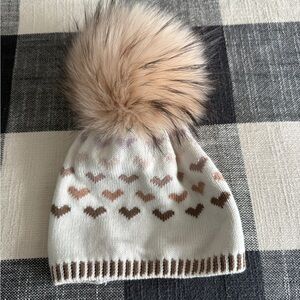 Women's Heart Pattern Pom-Pom Beanie - Cream and Brown